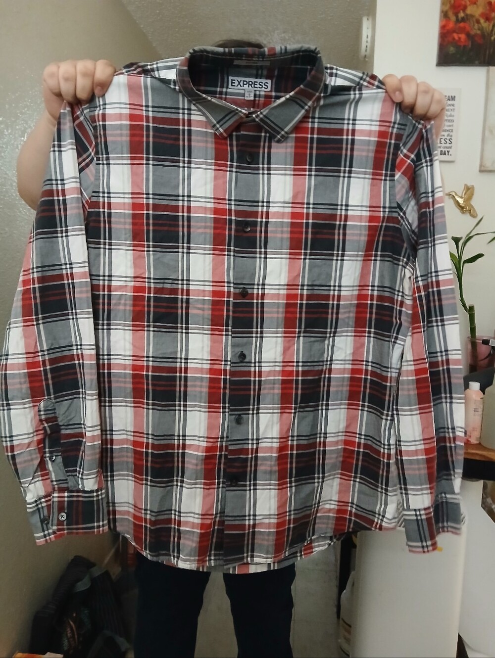 Express Men's Red Black White Plaid Button Down Shirt - Classic Plaid